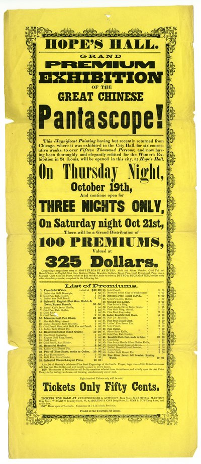 Broadside- Grand Premium -näyttely suuresta kiinalaisesta Pantascope-näyttelystä! tekijältä Alton Telegraph